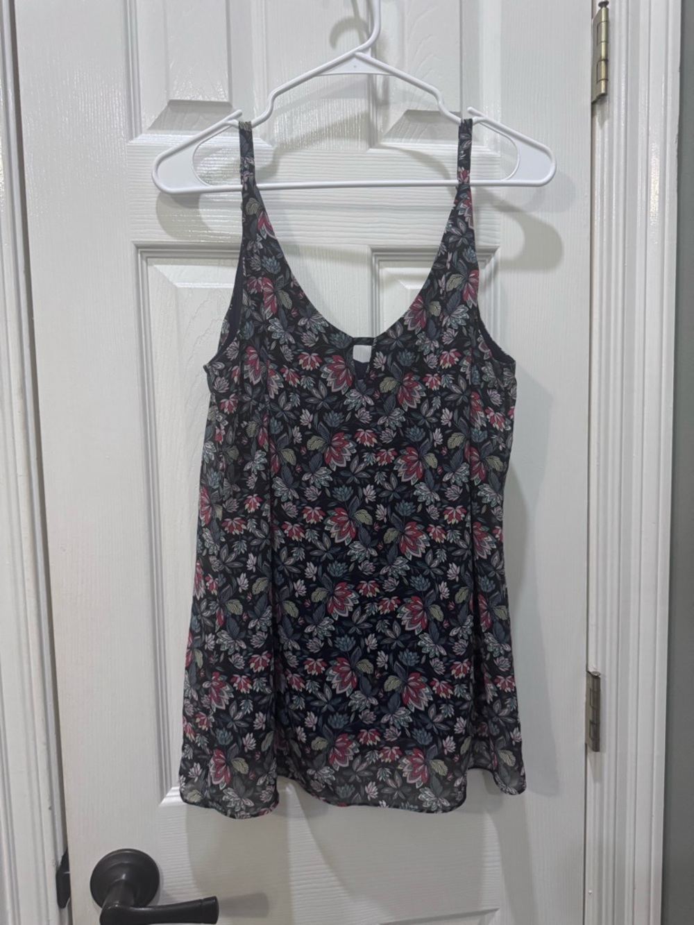 CAbi Black Floral V-Neck Spaghetti Strap Camisole with Pink & Cream Flowers